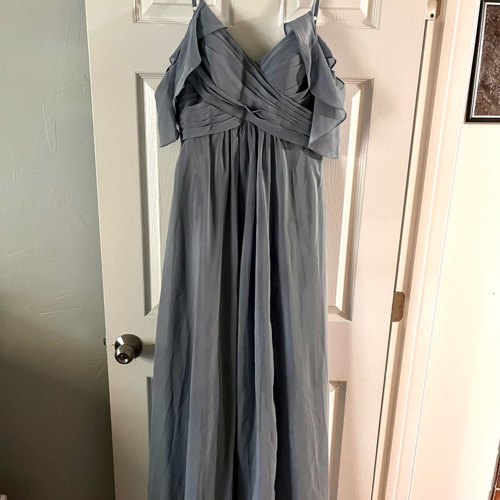 Dusty blue, off shoulder detail, pomuyoo, bridesmaids dress, size 10